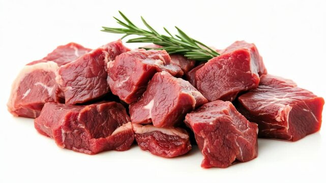 Fresh raw beef chunks stacked together with a rosemary sprig on a clean white background, concept of cooking preparation and ingredients