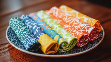 Napkin with colorful patterns arranged on a plate for a party