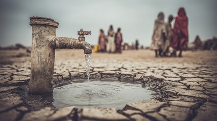 Water scarcity crisis arid landscape with cracked earth and desperate people seeking clean water