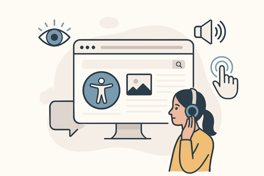 Web accessibility concept illustration. Digital inclusion for people with disabilities. Website with universal access icon, screen reader user. UI/UX design for diverse online users.