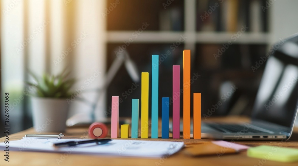 Aufkleber A minimalistic business bar graph with solid-colored bars arranged in ascending order, displayed on a wooden desk with a laptop and notepad in the background.