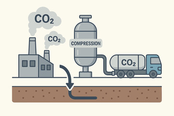 Carbon capture technology diagram. CO2 from factory pollution is captured, compressed, transported, and stored underground. Climate change solution infographic vector illustration.