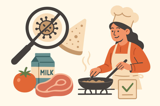 Food safety concept with chef cooking. Hygiene and sanitation in food preparation. Woman inspecting for bacteria and viruses. Quality control and healthy eating vector illustration.