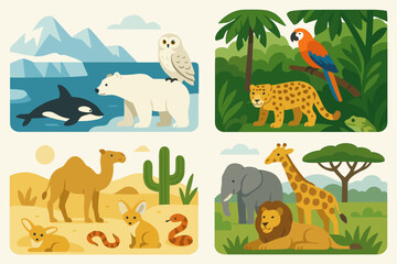 World biomes vector illustration set showing global ecosystem diversity. Four habitats: Arctic with polar bear, jungle with jaguar, desert with camel, African savanna with lion.