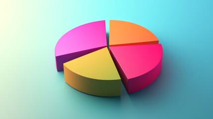 Obraz premium A minimalist D pie chart with clearly defined segments in bold colors, displayed on a smooth gradient background, emphasizing simplicity in data visualization.