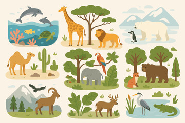 World animal habitats & ecosystems set. Global biodiversity concept with wildlife from ocean, forest, arctic, desert & jungle. Cartoon vector illustration collection for education.