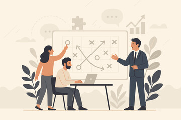 Corporate strategy meeting with business team discussing tactical game plan. Manager leads presentation on whiteboard. Concept of collaboration, teamwork, brainstorming and growth.