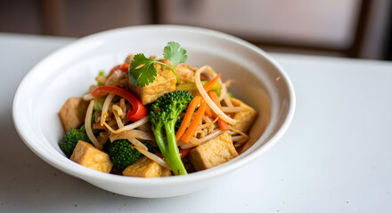 Tofu vegetable stir-fry delights with crisp broccoli, vibrant peppers, bean sprouts and carrots presented beautifully in a white bowl, a healthy and colorful meal option.