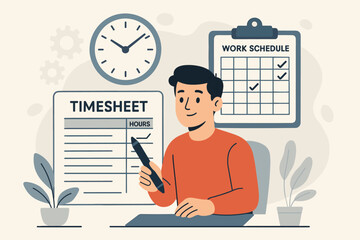 Time management concept. Employee filling out timesheet and tracking work hours. Man planning work schedule for productivity and efficiency. Office organization and deadline control.