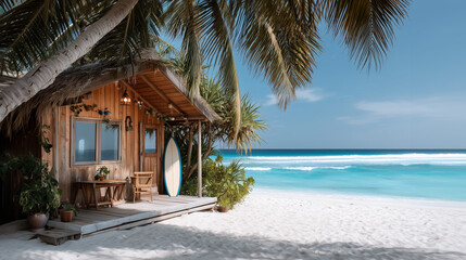 Cozy luxury boho bungalow on the shore of the turquoise ocean, beautiful traveling background, beach summer vacations, idyllic sea landscape