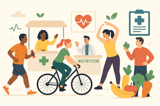 Vibrant health fair illustration with diverse people. Community wellness event concept with doctor, nutrition advice, fitness, exercise, cycling, and healthy food promotion.