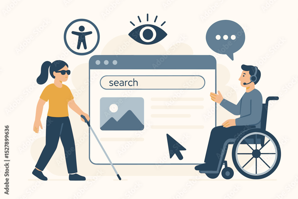 Poster vector illustration of web accessibility concept. man in wheelchair and blind woman using assistive 
