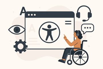 Web accessibility concept with user in wheelchair. Inclusive website and user interface design for people with disabilities. Internet access for all, assistive technology vector.