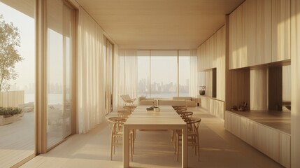 A minimalist dining area with a simple wooden table and elegant chairs, surrounded by light colors and large windows, creating an inviting and airy atmosphere.