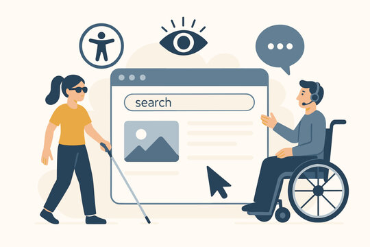 Vector illustration of web accessibility concept. Man in wheelchair and blind woman using assistive technology online. Inclusive UI design for users with disabilities. Equal access.
