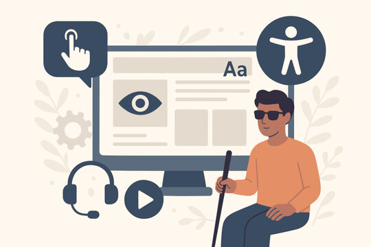 Web accessibility vector concept. Blind man using computer with assistive technology. Inclusive user interface for people with disabilities. Digital access and UX/UI for visual impairment.