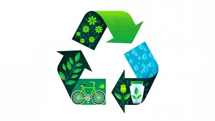 Obraz premium Recycling Symbol with Environmental Elements: Leaves, Flowers, Bicycle, and Water Drops