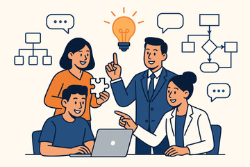 Teamwork and leadership concept illustration. Business people collaborating in office meeting. Brainstorming for new ideas, innovation, and problem solving. Project strategy and solution.