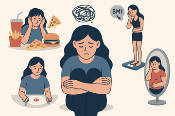Eating disorder concept. Anorexia and bulimia. Woman with body dysmorphia sees distorted reflection in mirror. Mental health problem. Depression, anxiety, BMI, diet, weight obsession.