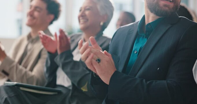 Colleagues, applause and group in workshop, celebration or success for training session or audience. Clapping, hands and achievement for people in seminar, crowd and thank you for presentation