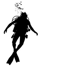 a black and white silhouette of a scuba diver in the water black, diver, girl, scuba diver, silhouette, water, woman