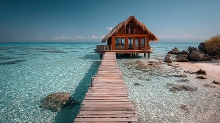 Cozy bungalow on the shore of the turquoise ocean water, beautiful traveling background, beach summer vacations, scenic idyllic sea landscape
