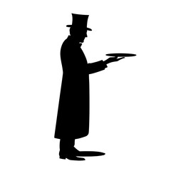 a black silhouette of a man in a robe and top hat holding a tray in his hand black, coat, hand, hat, hold, man, plate, robe, silhouette, stand, tray 