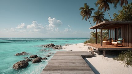 Cozy boho surfer bungalow on the shore of the turquoise ocean, beautiful traveling background, beach summer vacations, scenic idyllic sea landscape