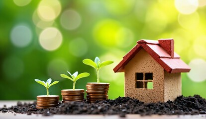 Miniature house beside stacks of coins with growing plants, symbolizing investment growth in real estate.