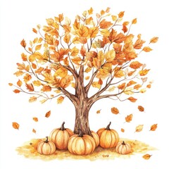 Naklejka premium Watercolor illustration of an autumn tree with pumpkins