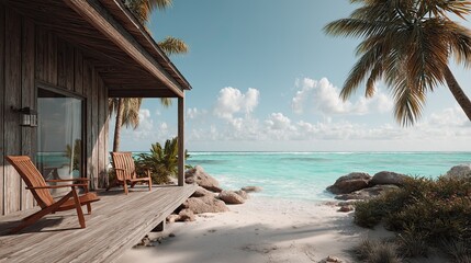 Cozy boho surfer bungalow on the shore of the turquoise ocean, beautiful traveling background, beach summer vacations, scenic idyllic sea landscape