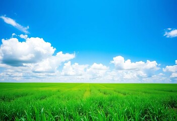 Obraz premium Seamless vector border of vibrant green field under a bright blue sky with fluffy white clouds, white, design