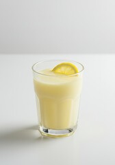 Refreshing Lemon Milk Drink Studio - A minimalist aesthetic studio shot of a creamy lemon milk drink in a glass. Symbolizing refreshment, purity, health, summer, and simple pleasures