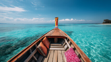 Wooden boat in clear turquoise ocean, beautiful scenic traveling background, calm beach summer vacations, fabulous idyllic sea landscape