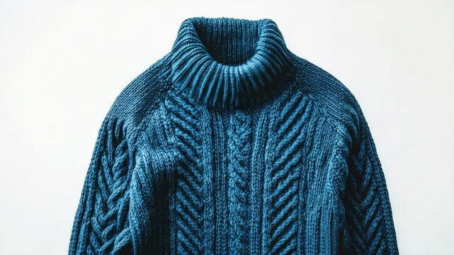 Blue chunky knitted turtleneck sweater with cable patterns, photographed in close-up on a white background, concept of cozy winter fashion
