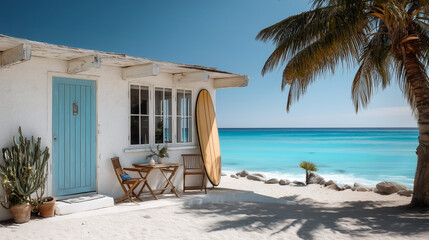Cozy boho surfer bungalow on the shore of the turquoise ocean, beautiful traveling background, beach summer vacations, scenic idyllic sea landscape