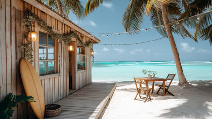 Cozy boho surfer bungalow on the shore of the turquoise ocean, beautiful traveling background, beach summer vacations, scenic idyllic sea landscape