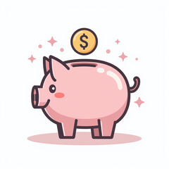 Fototapeta premium Flat vector illustration of piggy bank with coin. Savings, money management, financial planning and budgeting concept. Cute minimal design isolated on white background