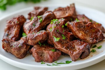 Perfectly Cooked Lamb or Steak Tips: Tender, Juicy Bites Garnished with Herbs &ndash; Ideal for Dinner, Appetizers, or Main Course.