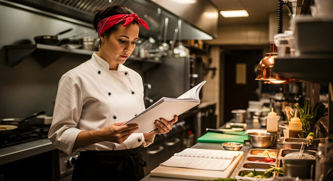 Focused female chef in a professional kitchen reads a recipe, wearing a white uniform and a red bandana, surrounded by stainless steel equipment and a busy restaurant environment.