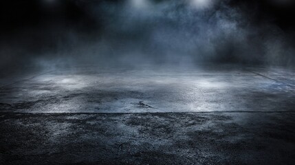 Fototapeta premium Dark, wet asphalt surface illuminated by blue lights with mist and fog creating a mysterious and moody atmosphere.