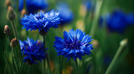  Close-up of wild cornflowers, deep blue petals against soft green bokeh, natural daylight