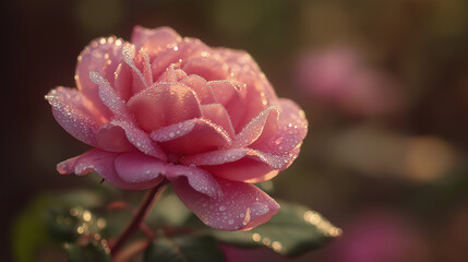 Macro photography of a pink rose with dewdrops, soft bokeh background, morning sunlight, velvety petals, shallow depth of field, hyper-detailed