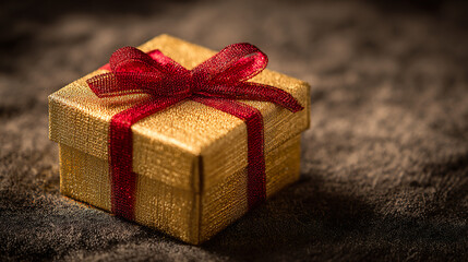Golden gift box with red ribbon bow on velvet, evoking luxury and celebration