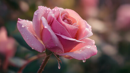 Macro photography of a pink rose with dewdrops, soft bokeh background, morning sunlight, velvety petals, shallow depth of field, hyper-detailed