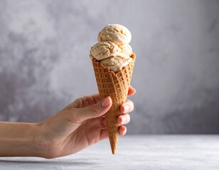 Lody w rożku trzymane w ręku na tle muru