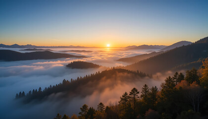 Obraz premium Misty Highland Valley Sunrise: Aerial View of Rolling Hills and Peaks