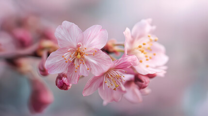 Macro of cherry blossom petals, soft pink hues, extremely shallow focus, hazy background with light leaks