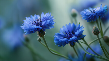  Close-up of wild cornflowers, deep blue petals against soft green bokeh, natural daylight