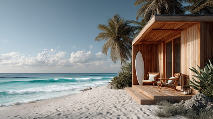 Cozy boho surfer bungalow on the shore of the turquoise ocean, beautiful traveling background, beach summer vacations, scenic idyllic sea landscape